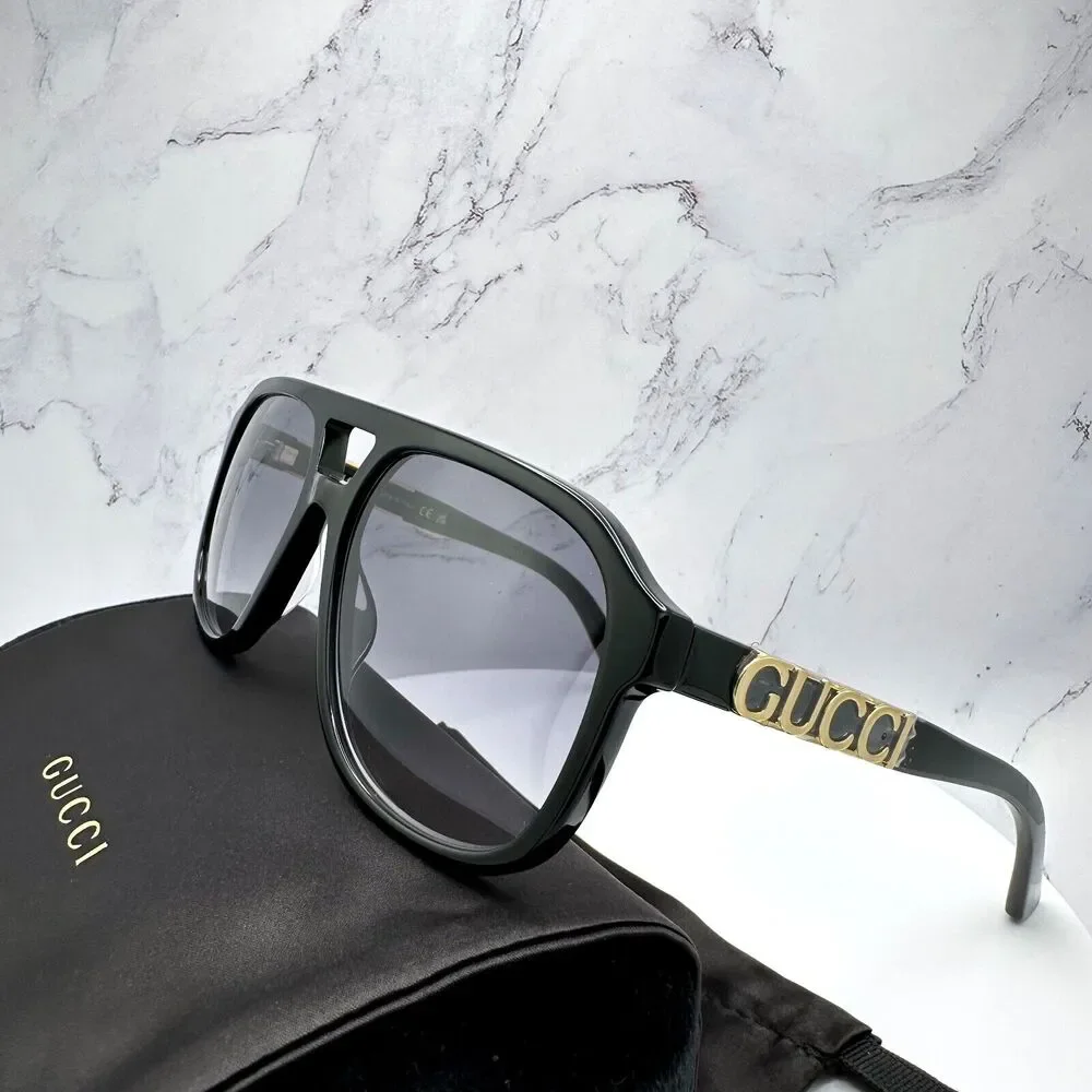 New GUCCI Sunglasses Black Acetate Pilot Aviator 58mm Navigator Gold Metal Logo - Picture 12 of 16
